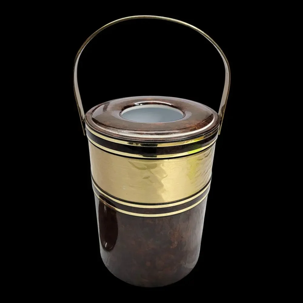 Vintage Mid Century Ice Bucket Brass Handle Faux Tortoiseshell Barware